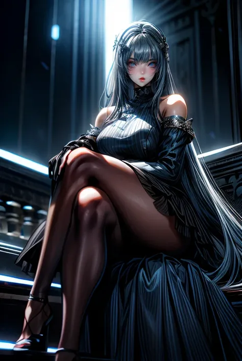 Masterpiece, best quality, high resolution, highly detailed, 1 girl, good looking face , Sapphire blue colored eyes( glowing eyes), darkish blue color hair, very long hair ( darkish blue color hair ) , hair style ( straight trimmed bangs ), silver watch, l...