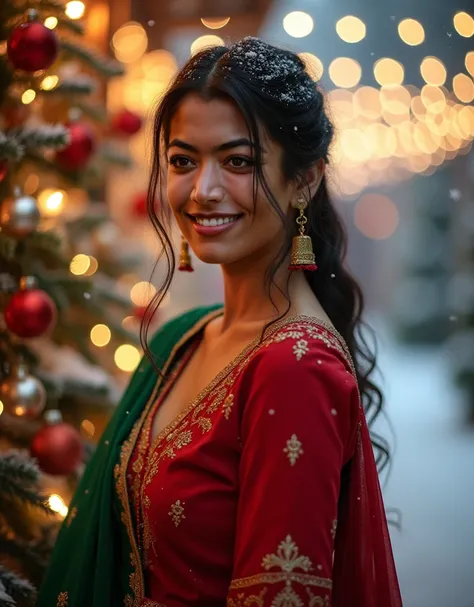 Professional Photography, A beautiful girl 23 year old, Thick Black and brown Hair,(Pinned hair) White skin, very attractive figure, Happy Face, wearing Christmas Costume, Full covered Churidar(Red and Green color), (No cleavage), Christmas Vibe, Led light...