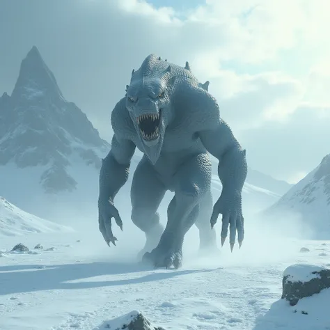 A large alien predator is walking in front forward Through a snowy landscape 