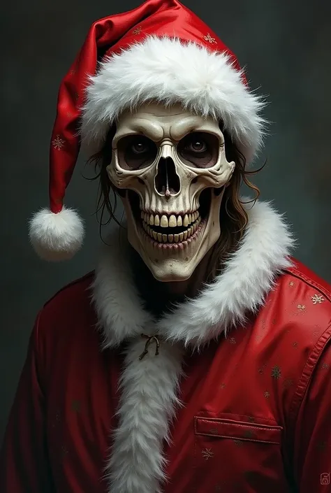 A true-to-life portrait of Eddie (Edward the Head), the mascot of the British heavy metal band Iron Maiden. This macabre character is dressed in the traditional Christmas costume with his hat.