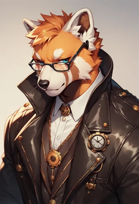 a male red panda, with glasses, steampunk, leather jacket, no background, white backgound