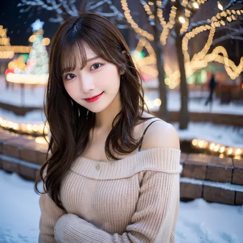 In a winter scene、 an adult woman with long brown hair 、 wears a warm off-the-shoulder knitted sweater 。In poses that accentuate the chest、Has a natural smile 。 There are snowy parks and Christmas illuminations in the background、 has soft natural light 。 e...