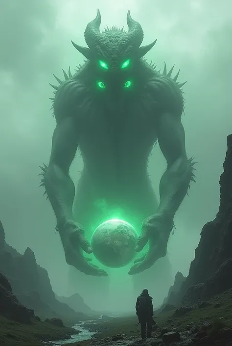 Create a gigantic and abyssal being half demon half alien with its head in the clouds with 6 neon green eyes holding a planet with its hands alone in an inhospitable place with dense fog