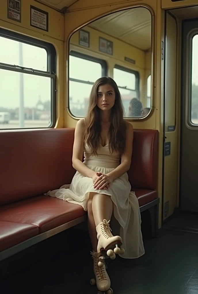 a vintage photograph of a woman with long brown hair sitting on a train with her feet up on the opposite seat, she is wearing rollerskates, Wes Anderson colour grading