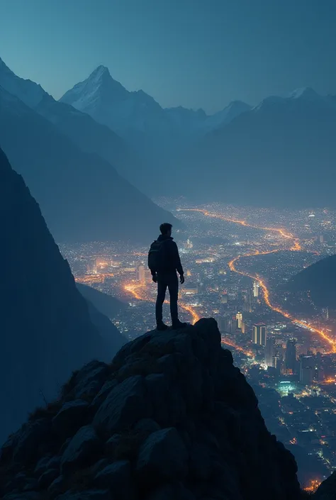 photo of one people on mountain with city light