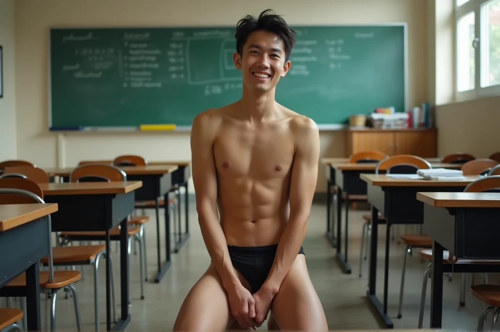 18 year old Thai male teen wearing nothing kneeling pose showing genitals in classroom