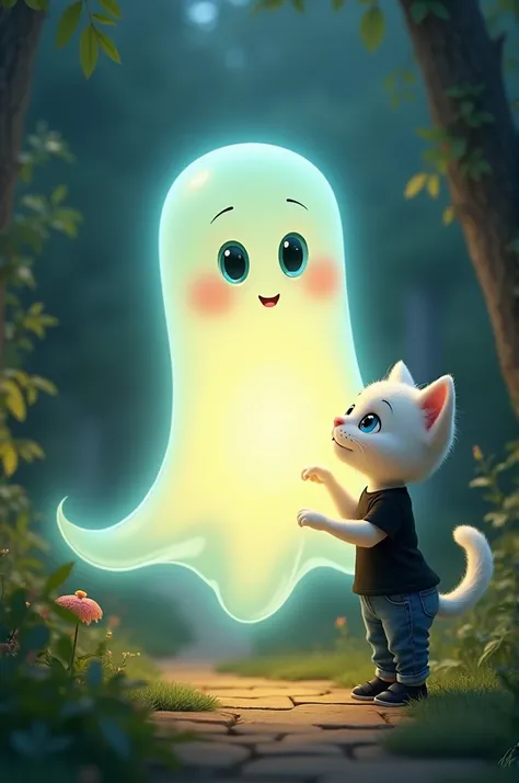 Prompt: "A friendly ghost appears with a soft glow in the garden, while the cute cat cub with white fur, big blue eyes, black T-shirt, blue jeans, and black shoes looks on in awe. The ghost has a warm smile and is surrounded by a gentle light, creating a m...