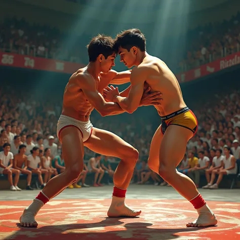 Teenage boys are wrestling in brief underwear for the Mexican s Wrestling Championship