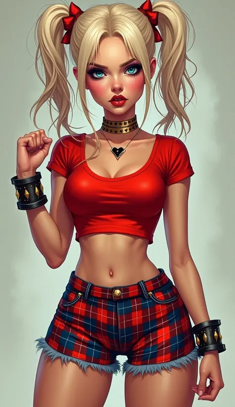 "A hyper-realistic illustration of a young woman with a style inspired by comic book characters. She has platinum blonde hair tied in two ponytails, with highlights dyed red on one side and dark blue on the other.  Her makeup is striking : dark, diffused e...