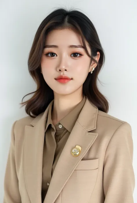  made this girl take a picture similar to a passport photo , so we can see her whole face very well，Eyes looking at the camera，Front view， white background ， sand-colored slim fit jacquard suit，Single-breasted design，Khaki shirt underneath ，Formal Professi...