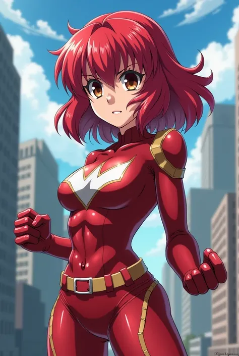  My Hero Academia Style ,   anime girl , woman, young woman ,  full body shot ,( Fighting Stance :1.3),Long Hair, Red Hair,   Brown Eyes , hero suit, Full Body Suit,  red suit with white details, perfect anatomy,  enhanced abs , super detailed,(building:1....