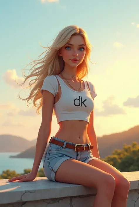 Young woman (ethnicity:1.2), (age:1.1), sitting on a stone ledge, (detailed clothing:1.2), (accessories:1.1), wearing a white cropped top with the word "DK" printed, (detailed skin texture:1.2), light wash denim shorts and a brown leather belt, long blond ...