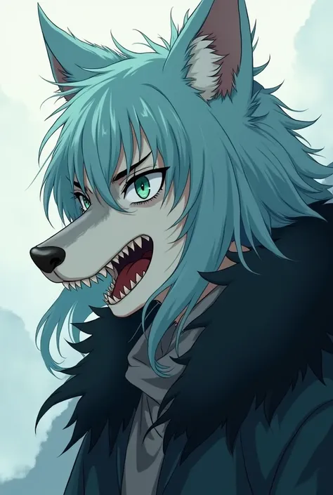 man, Wolf boy anime,   long light blue hair,  mint green eyes ,   white skin  .   black coat  , Angry showing his fangs