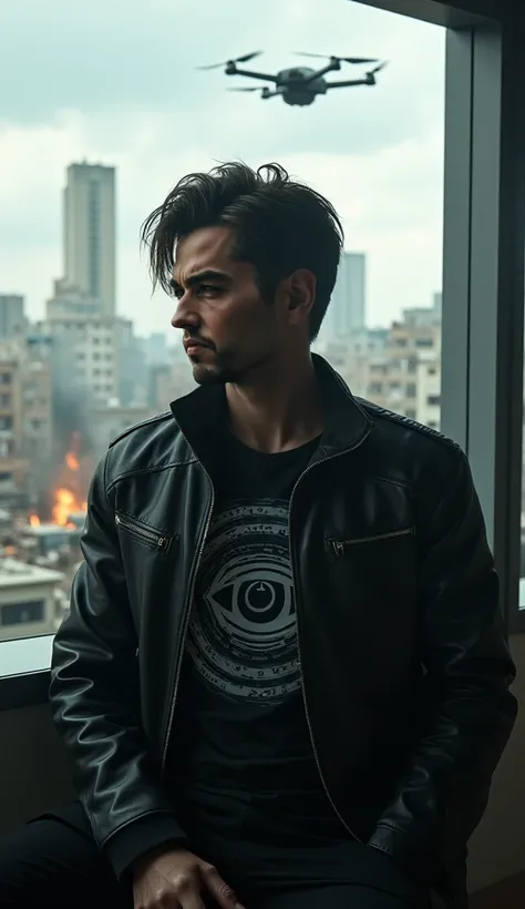 Super realistic and detailed wallpaper, man in the office looking at the scene of destruction through the windows, drones flying overhead. Severe, attractive look, wearing a leather jacket, artificial intelligence, symbol of the all-seeing eye on the crest...