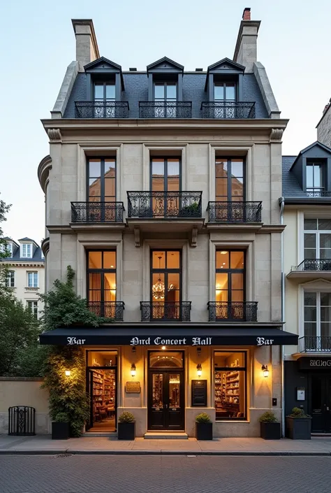 A simple, elegant building inspired by Parisian architecture, situated in an urban environment. The structure includes three distinct spaces: the ground floor features a cozy bar with warm lighting, classic wooden furniture, and a welcoming ambiance. The u...