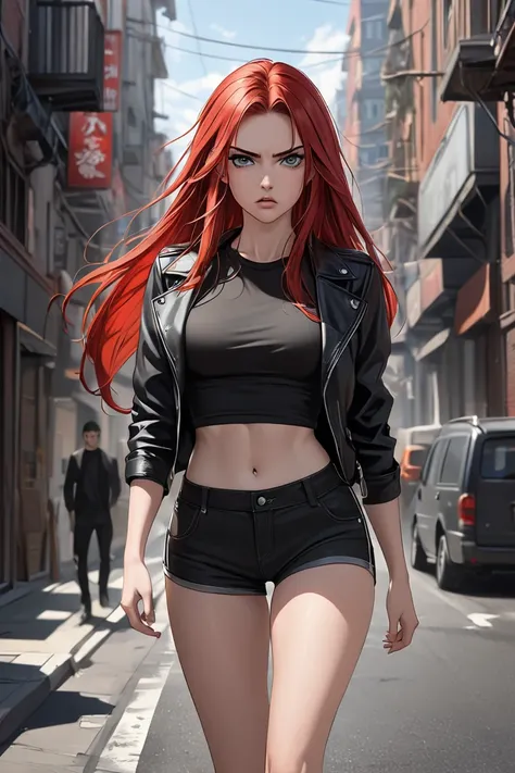  (masterpiece,  best quality, 8k,  high definition ), whole body,  1 girl ,  long red hair, Mid-chest,  grey Eyes ,  soft lips , Beautiful face,  wearing tight black shorts, black shirt, and a black jacket,  natural light,  detailed background,  Detailed I...