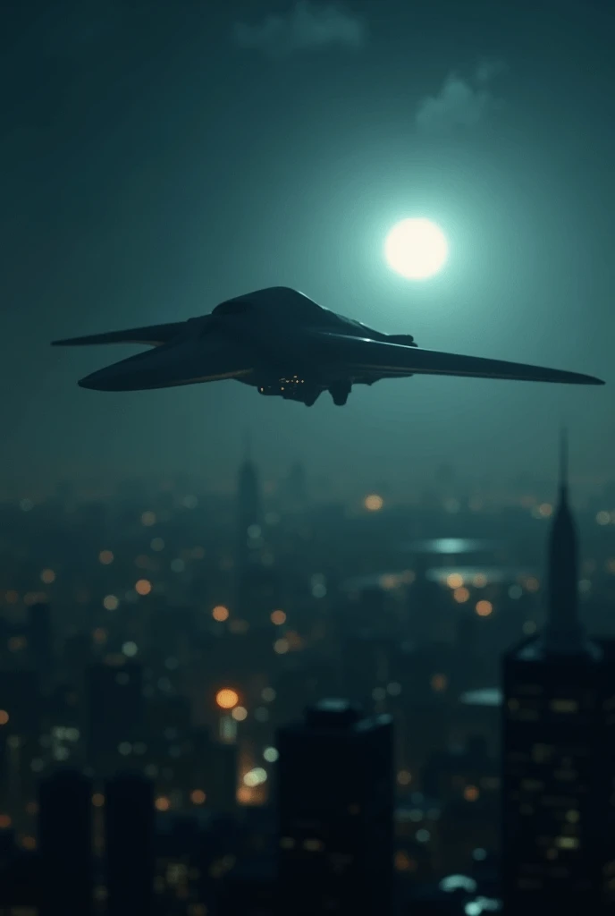 unknown shape aircraft fly over a city at night , it look like a space ship , fly high in the sky and far, it looks blurry from a distance from view, really far back from view and not close up, put a blurry effect over the drone space Craft, make the space...