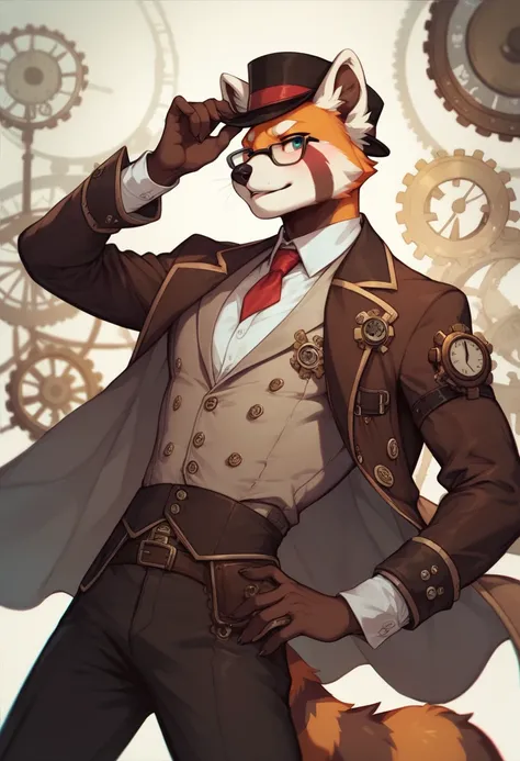 a male red panda, with glasses, steampunk, waistcoat, no background, white backgound