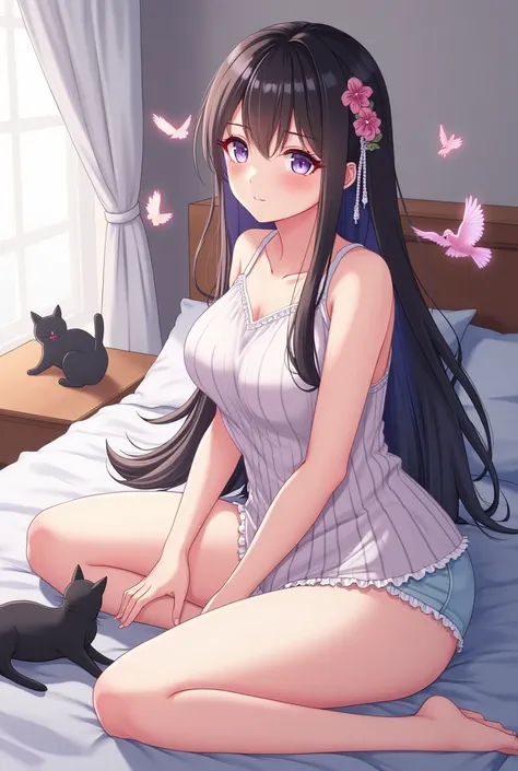 Anime characters sitting in bed with cats and birds,  Arknights,  Azur Lane Style , Onmyoji, From the Azur Lane game, Characters from Azur Lane, Onmyoji detailed art, Beautiful attractive anime teen with big boobs posing in a , arknights, Popular at Art St...