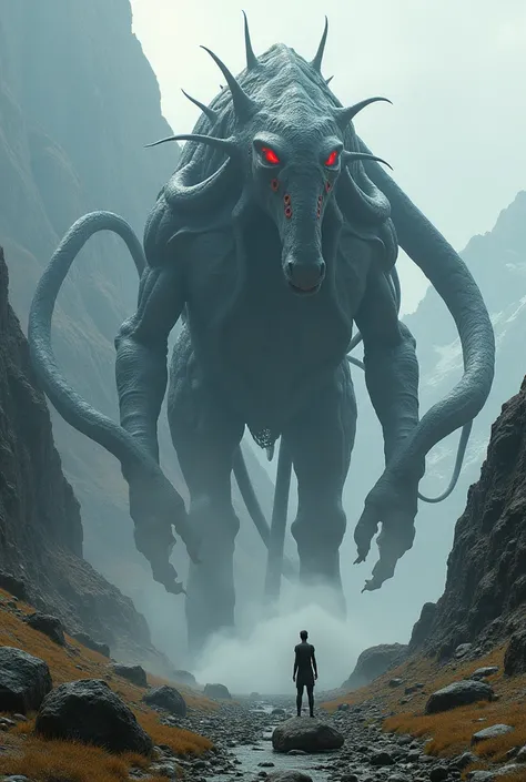 Create a gigantic and abyssal being half horse half quadruped alien with giant tentacles sticking out through the body with red eyes in the middle of the mountains 