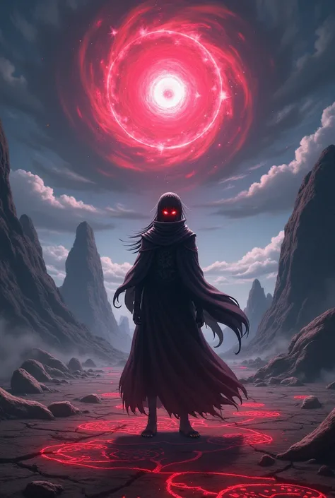 A dramatic scene featuring Madara Uchiha from Naruto Shippuden, standing in the center of a vast, mystical landscape. He is dressed in his iconic battle armor, with his eyes glowing a vibrant red as he activates his Sharingan. The background is a surreal, ...