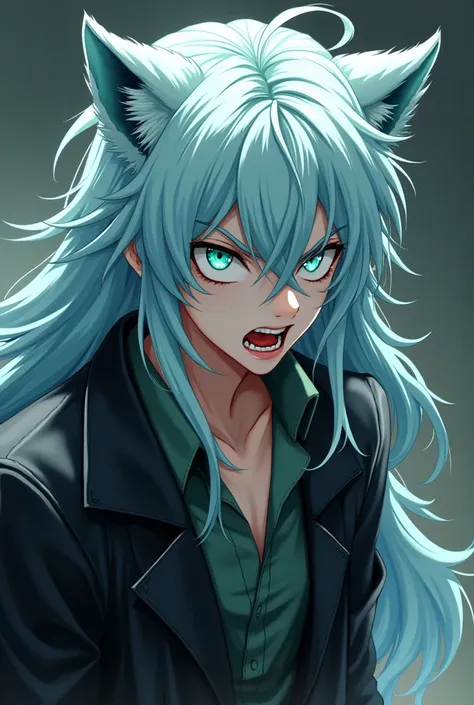 man, Wolf boy anime,   long light blue hair , mint green eyes ,   white skin  .   black coat  , Angry showing his fangs