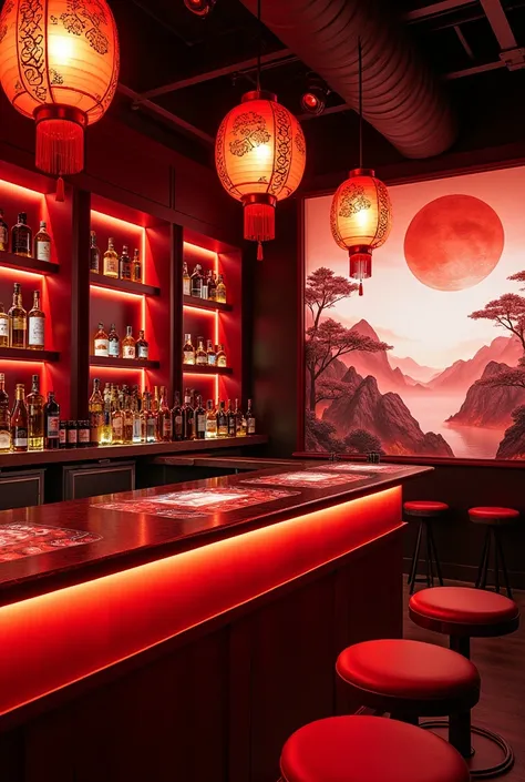 magine a futuristic bar that seamlessly blends traditional Chinese aesthetics with modern design. The space is dimly lit, with deep red accents that evoke a sense of warmth and intimacy. Intricate lanterns hang from the ceiling, casting whimsical shadows o...