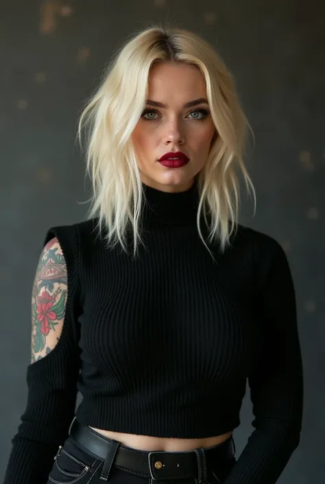  A tattooed blonde goth girl ,  with big lips , with a very tight black sweater  , with very large breasts that are squeezed by the sweater and with the forearms bare and with wide arms and wide forearms and with a small chort, with the sleeves rolled up t...