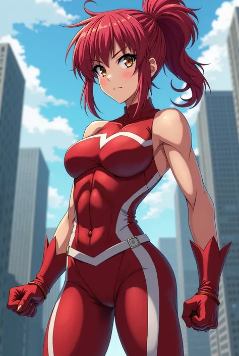  My Hero Academia Style ,   anime girl , woman, young woman ,  full body shot ,( Fighting Stance :1.3),Long Hair, Red Hair,   Brown Eyes , hero suit, Full Body Suit,  red suit with white details, perfect anatomy,  enhanced abs , super detailed,(building:1....