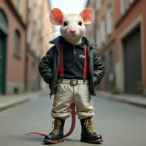 A humorous yet photo-realistic depiction of a rat dressed as a skinhead, standing confidently with a polished look. The rat is wearing a black polo,, tight bleached jeans rolled up at the ankles, held up by thin red braces and tall black military combat bo...