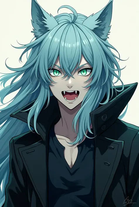 man, Wolf boy anime,   long light blue hair , mint green eyes ,   white skin  .   black coat  , Angry showing his fangs