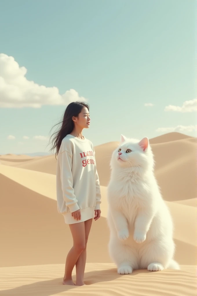 there is a beautiful woman smiling kindly wearing a white switer shirt that says MAMI GEMOY .  and next to her there is a giant fluffy white color cat walking her way towards the camera against a desert background