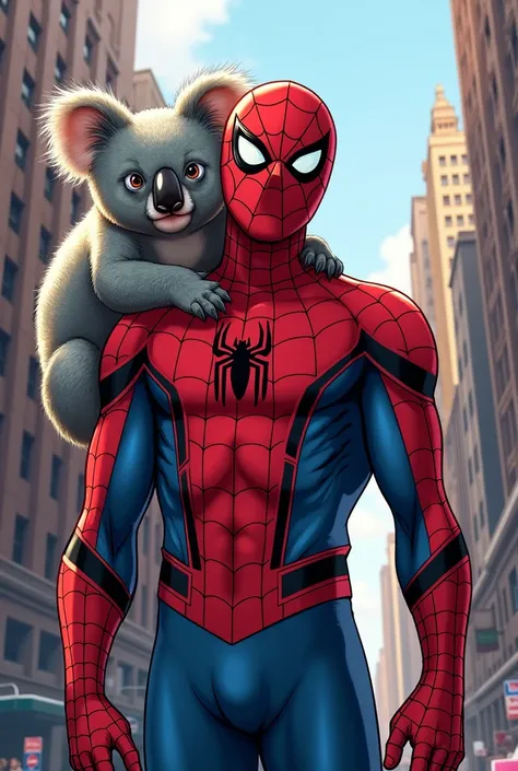 Spiderman with a koala on his shoulder the koala a little big