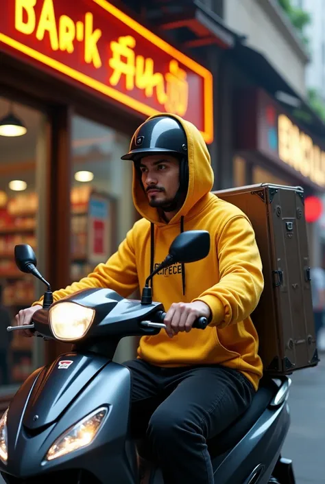 a blinkit delivery person riding a scooter in front of a store named chikanghar darkstore, detailed yellow hoodie, detailed facial features, detailed scooter, detailed store sign, realistic, photorealistic, ultra-detailed, masterpiece, 8k, hyperrealistic, ...