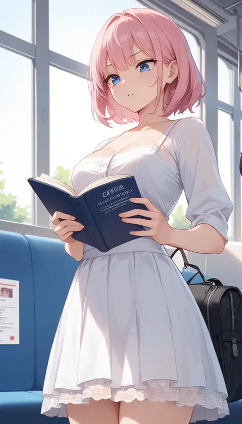  a girl 、On the train, Standing by the window,  Grab the strap ,  bright pink hair、 blue eyes、 Very Awkward 、 medium chest 、Looking Down、White lace, White lace内裤, ( grumpy look :0.4), Daytime view, Change,  read,  front view