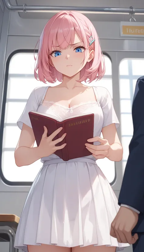  a girl 、On the train, Standing by the window,  Grab the strap ,  bright pink hair、 blue eyes、 Very Awkward 、 medium chest 、Looking Down、White lace, White lace内裤, ( grumpy look :0.4), Daytime view, Change,  read,  front view