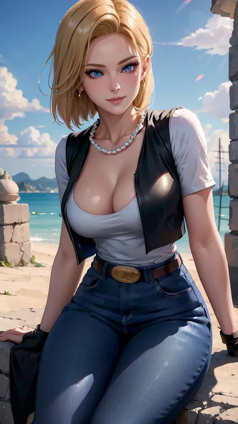 Android 18 da Dragon Ball Z,(best qualityer,4K,8k,high resolution,work of art:1.2)(weather: windy),battle ruins background, white shirt, black vest, pearl necklace, black gloves, earrings, denim jeans, orange socks, black shoes, belt, short hair, blonde ha...