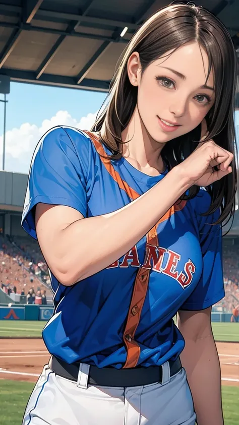 Young female,baseball player, fit and tall physique, blonde or golden-brown long hair, confident and radiant smile, wearing baseball uniform or sportswear, holding a baseball or glove, athletic yet feminine body, dynamic background, baseball field or sport...