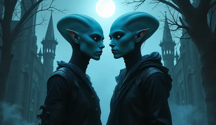 two handsome beautiful blue alien young men. gothic background. 