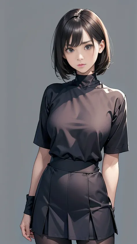 Young female,short or medium-short hair, black or dark brown hair, brown or black eyes, alert and strong gaze, uniform-style outfit, appearance of a remedial student, arms crossed or a cautious standing pose, simple and clean background, nervous but confid...