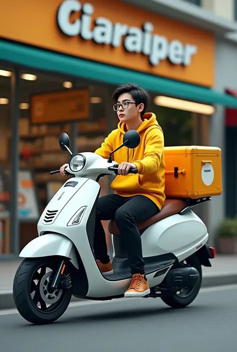 a blinkit delivery person riding a scooter in front of a store named chikanghar store, detailed yellow hoodie, detailed facial features, detailed white scooter, detailed store sign, realistic, photorealistic, ultra-detailed, masterpiece, 8k, hyperrealistic...