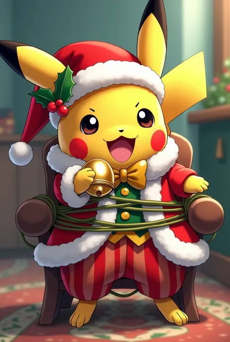 Pikachu wearing a festive Christmas outfit,  detailed, vibrant, anime style, whimsical, charming, holding a golden bell, winking, red and green striped pants, white fur-trimmed coat, red and green hat with white fur trim and holly berries, gold bow tie, gr...