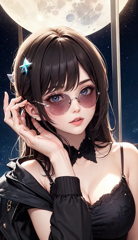 The model is wearing glass sunglasses with stars and the moon on the glass