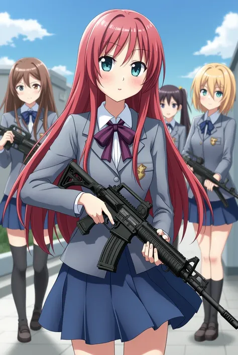  Anime 7 high school girls wearing uniforms and they each carry shots ,  some carry SG ,  Minigun , to use,  SS-2 , AW60 , M16 , ak-47.  They have a pretty face and one of them there is whose hair is so long that it hits the ground, and with sky blue eyes ...