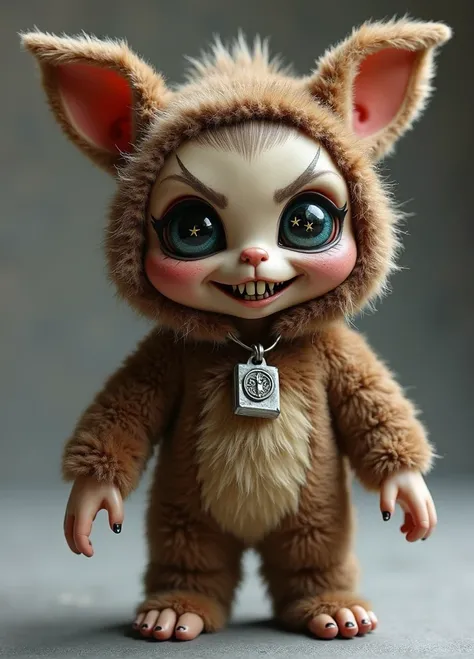 This image shows a character that appears to be a toy or figurine. The character has a large head with exaggerated facial features, such as big eyes with star-like reflections and a mischievous smile showing pointed teeth. The figure is dressed in a furry ...