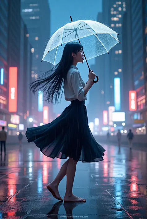 8k, real, a girl in a black skirt and white blouse spinning a transparent umbrella in the rain. The backdrop is a shimmering cityscape at night, with rainwater reflected on the wet ground.