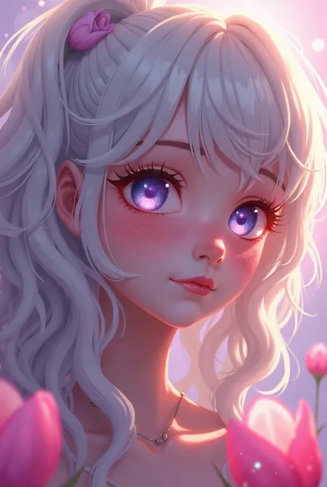 masterpiece，Dazzling colorful light，Ultra Detailed，A girl，big eyes，tulip，Extra long curly hair，White-blond hair，A fascinating adventure，Glowing lips，Close-up of face，Exposed shoulders，Dreamy and beautiful，Thick paint of the characters，Fine brushstrokes，wal...