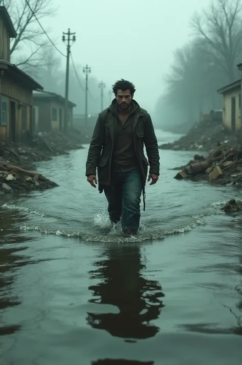 A black-haired man walks around behind, wading through the flood.