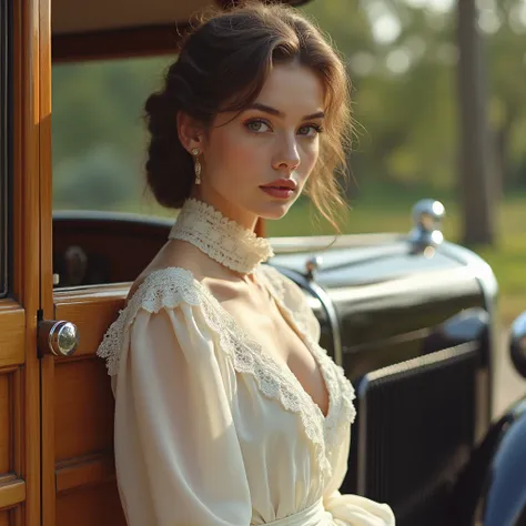  Car Photo Shoot, RAW Photos, 1900s  car and ultra detailed cute woman , wearing a white 1900’s fashion