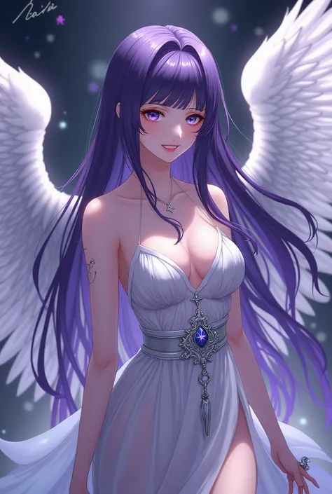 She name is Leila .She is a anime character. She has dark purple long hair and beautiful gray eyes . Her skin is pole. She has large white wings that shimmer with a purple. There is a star tattoo on her shoulder. She carries two swords one mode of steel an...